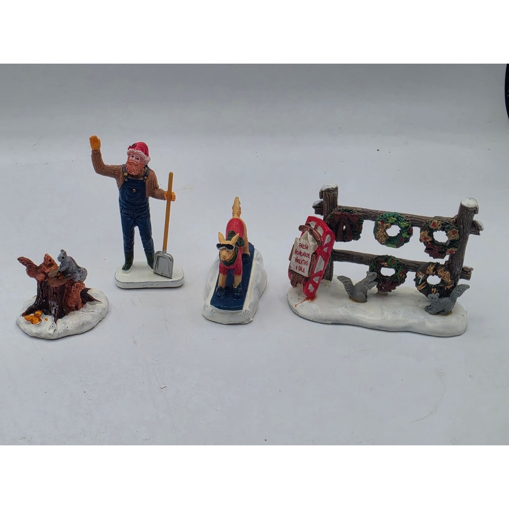 Christmas Village Accessory Set 4pc Lumberjack Dog Sled Wreath Fence Squirrels